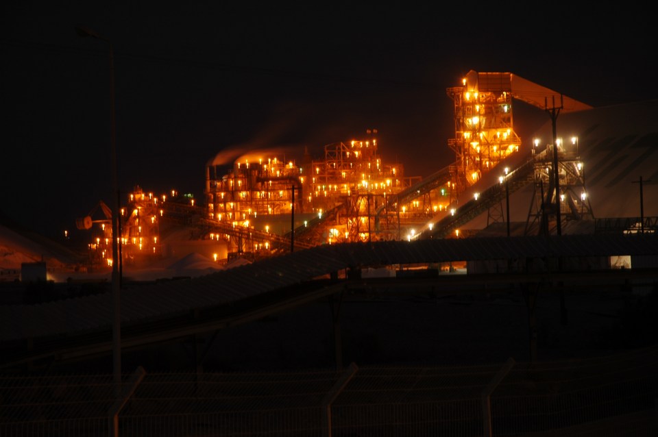 Dead Sea Works lit up at night