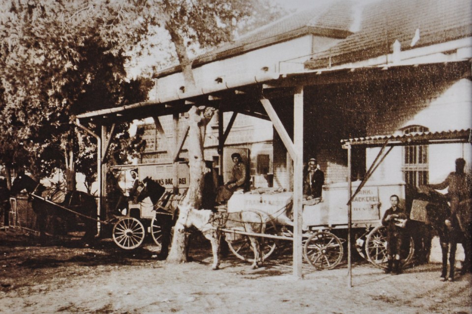 early 20th century photo of courtyard of Frank Bakery behind the family residence, Arab wagoners and carts that delivered bread